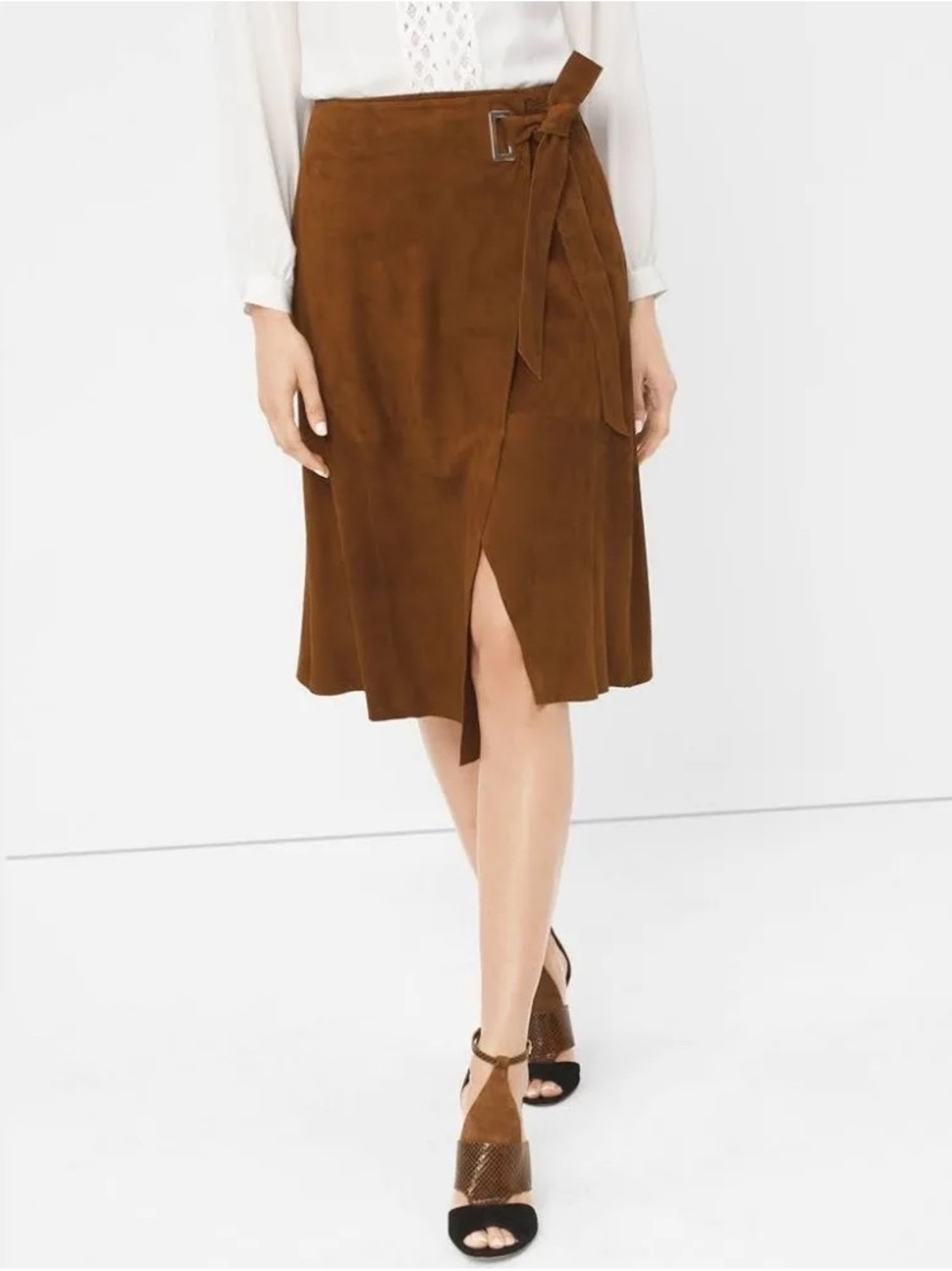 White House Black Market Brown Suede Wrap Midi Skirt